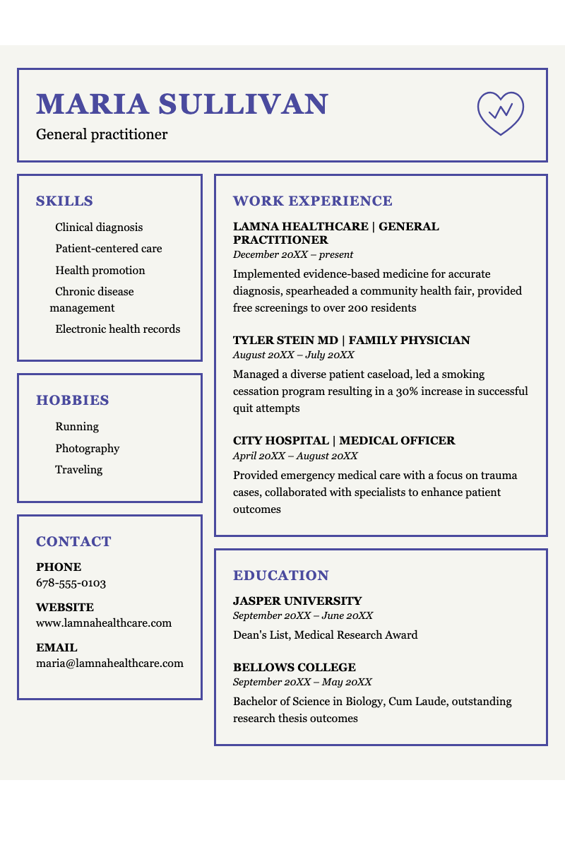 Retro vibes professional resume - Medical professional resume template featuring retro styling with blue grid lines, heart icon, and two-column layout for skills and experience.